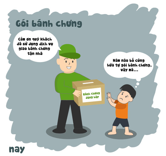 Ngày nay: Rất ít trẻ em biết đến phong tục gói bánh chưng của bố mẹ, thay vào đó, các dịch vụ giao bánh chưng tận nhà nở rộ khiến phong tục này càng trở nên xa lạ với trẻ em thành thị.